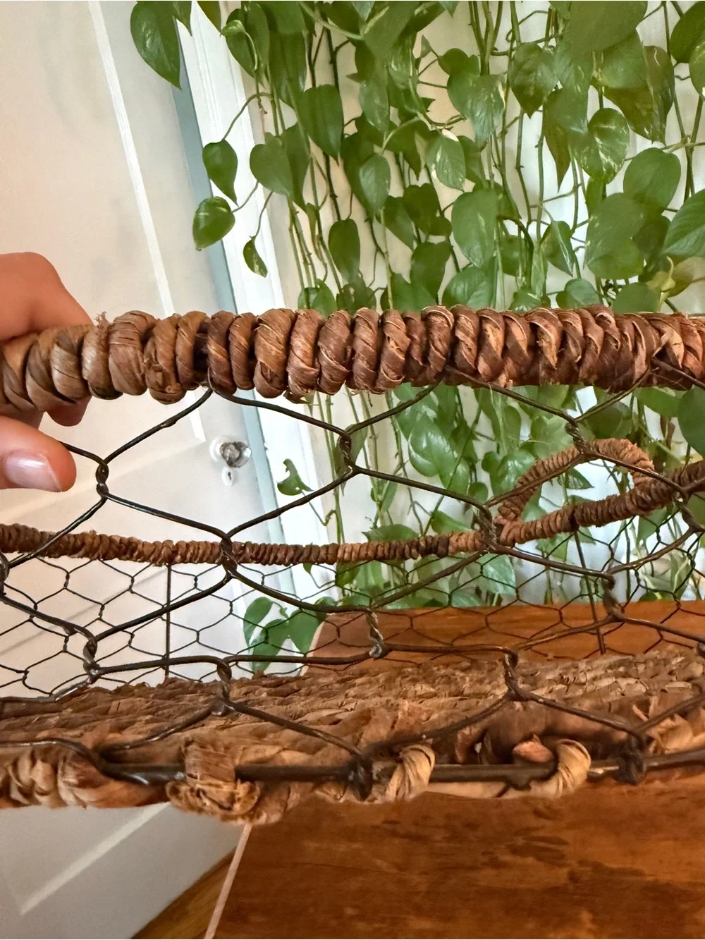 Woven Rattan and Wire Serving Basket Tray - Brown